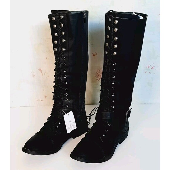 Mossimo Supply Co Boots Womens 9 Tall Combat Moto  Black Faux Leather Lace Zip - Picture 2 of 3